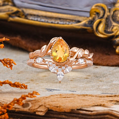 Nature-Inspired 3-Prong Oval-Cut Natural Citrine Engagement Ring Set With Vine Accents