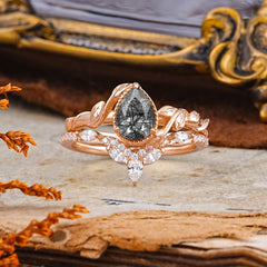 Nature-Inspired 3-Prong Oval-Cut Natural Black Rutilated Quartz Engagement Ring Set With Vine Accents