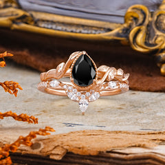 Nature-Inspired 3-Prong Oval-Cut Natural Black Onyx Engagement Ring Set With Vine Accents