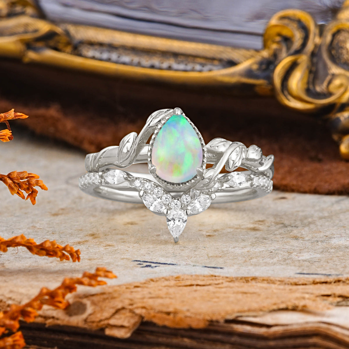 Nature-Inspired 3-Prong Oval-Cut Fire Opal Engagement Ring Set with Vine Accents - Additional view