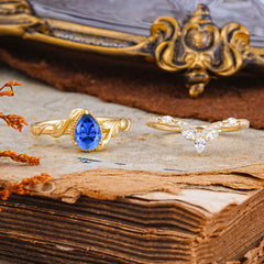 Nature-Inspired 3-Prong Oval-Cut Sapphire Engagement Ring Set with Vine Accents