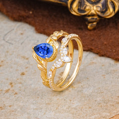 Nature-Inspired 3-Prong Oval-Cut Sapphire Engagement Ring Set with Vine Accents