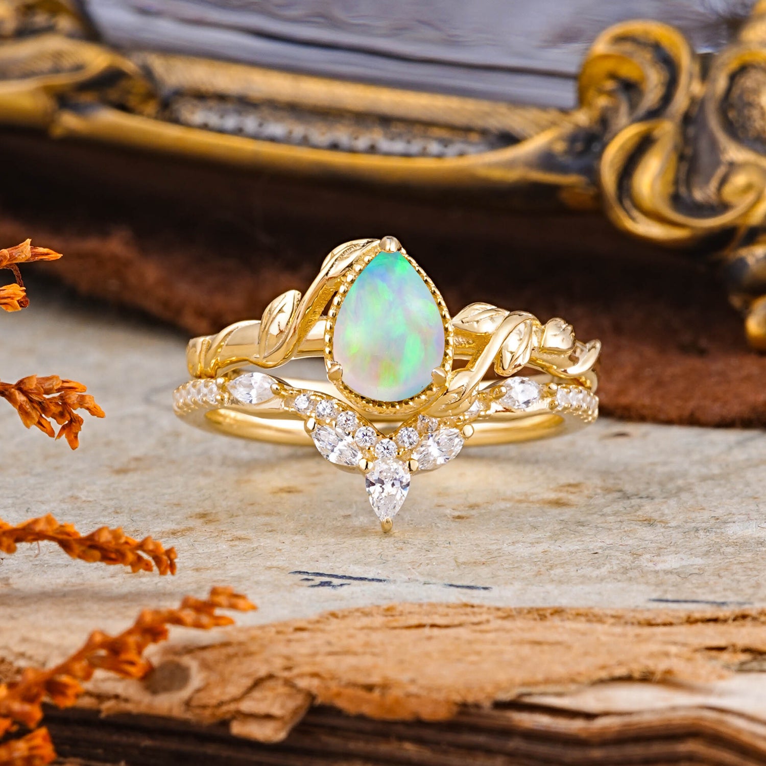 Nature-Inspired 3-Prong Oval-Cut Fire Opal Engagement Ring Set with Vine Accents - Additional view