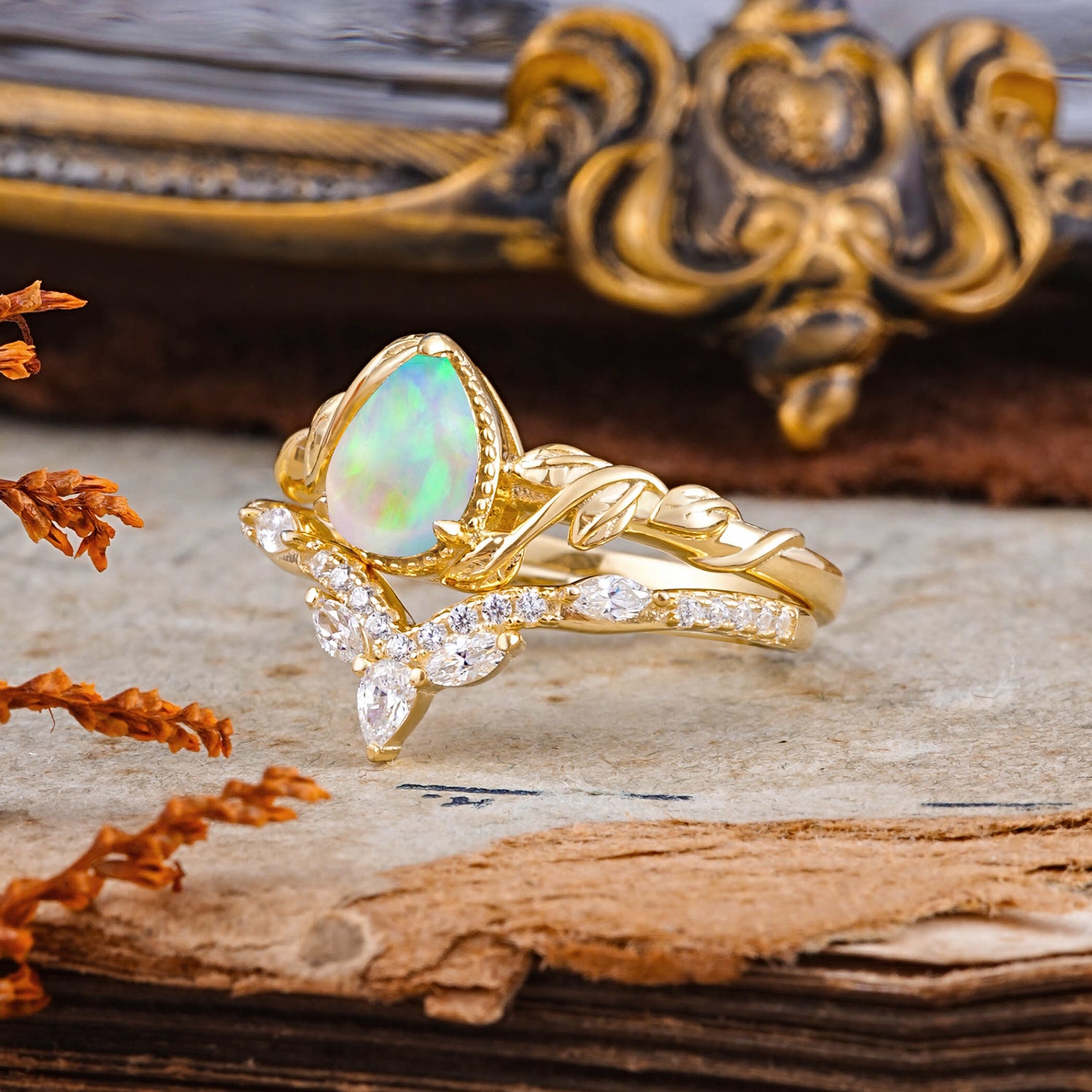 Nature-Inspired 3-Prong Oval-Cut Fire Opal Engagement Ring Set with Vine Accents - Additional view