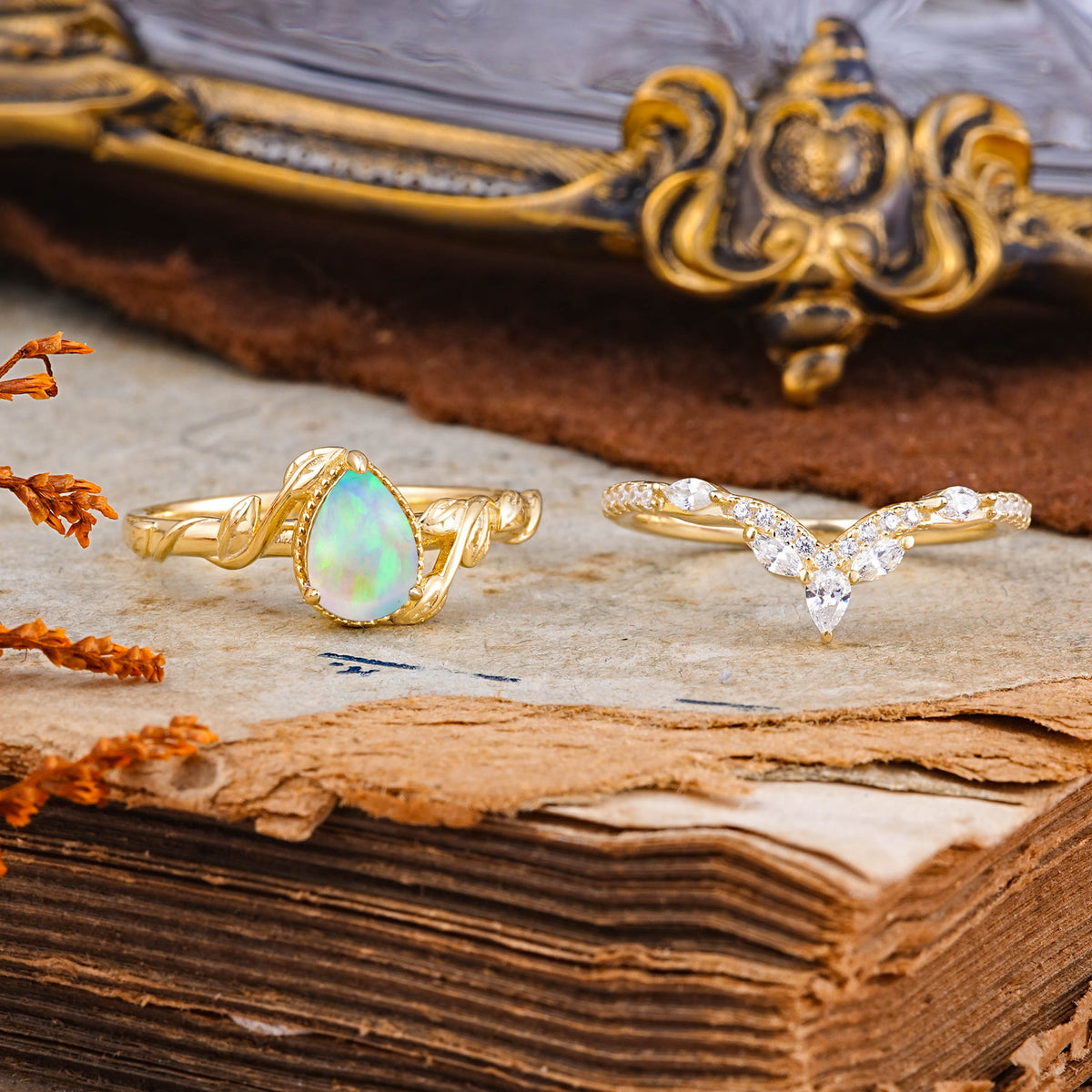 Nature-Inspired 3-Prong Oval-Cut Fire Opal Engagement Ring Set with Vine Accents - Additional view