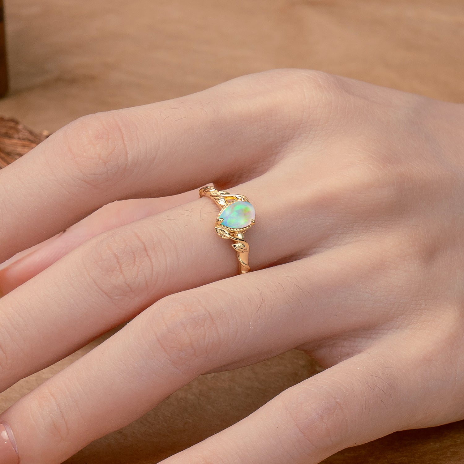 Nature-Inspired 3-Prong Oval-Cut Opal Bridal Ring Set with Vine Accents