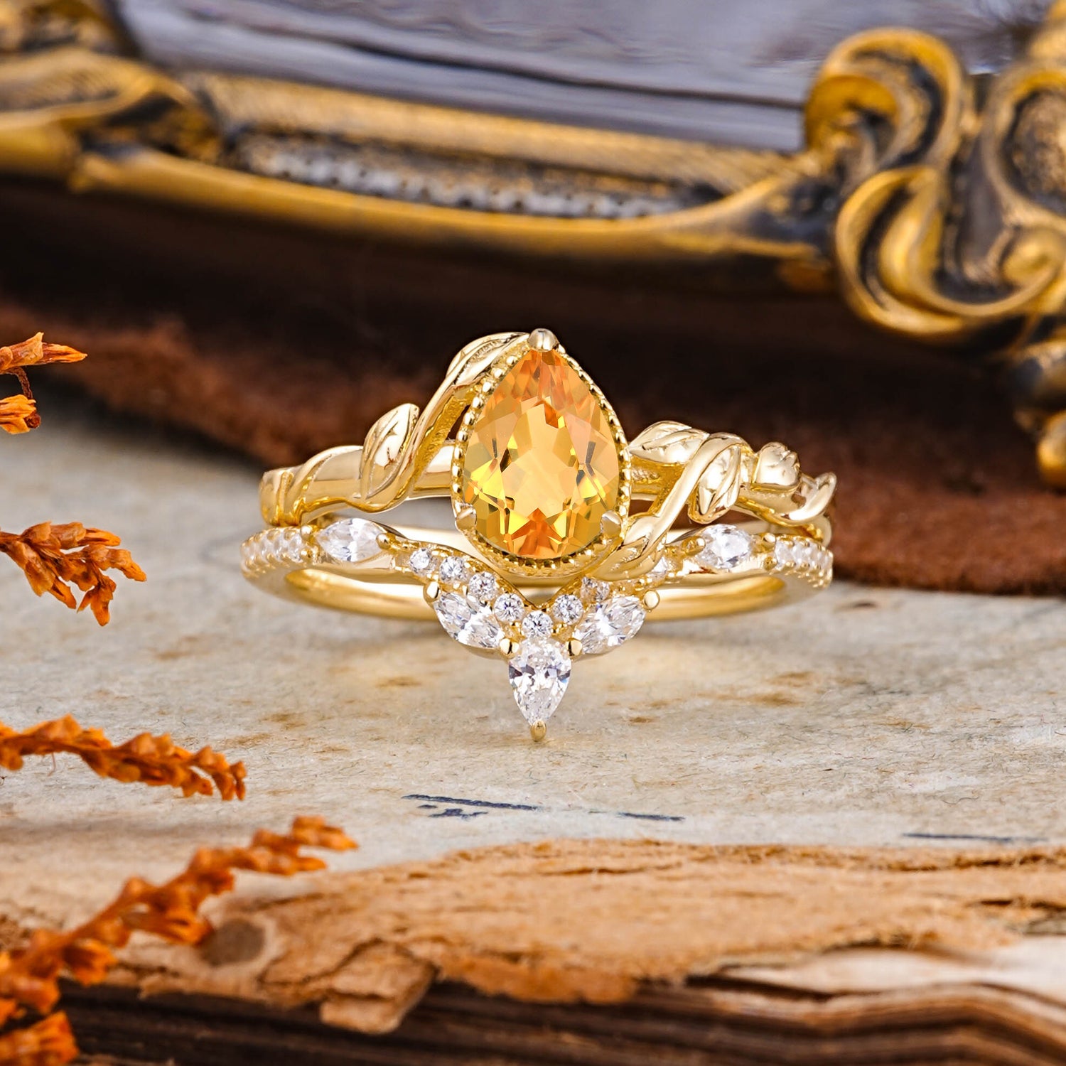 Nature-Inspired 3-Prong Oval-Cut Natural Citrine Bridal Ring Set With Vine Accents