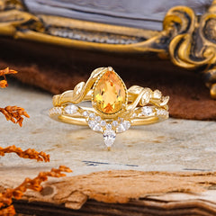 Nature-Inspired 3-Prong Oval-Cut Natural Citrine Engagement Ring Set With Vine Accents
