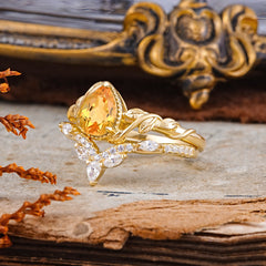 Nature-Inspired 3-Prong Oval-Cut Natural Citrine Engagement Ring Set With Vine Accents