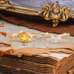 Nature-Inspired 3-Prong Oval-Cut Natural Citrine Engagement Ring Set With Vine Accents