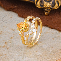 Nature-Inspired 3-Prong Oval-Cut Natural Citrine Engagement Ring Set With Vine Accents
