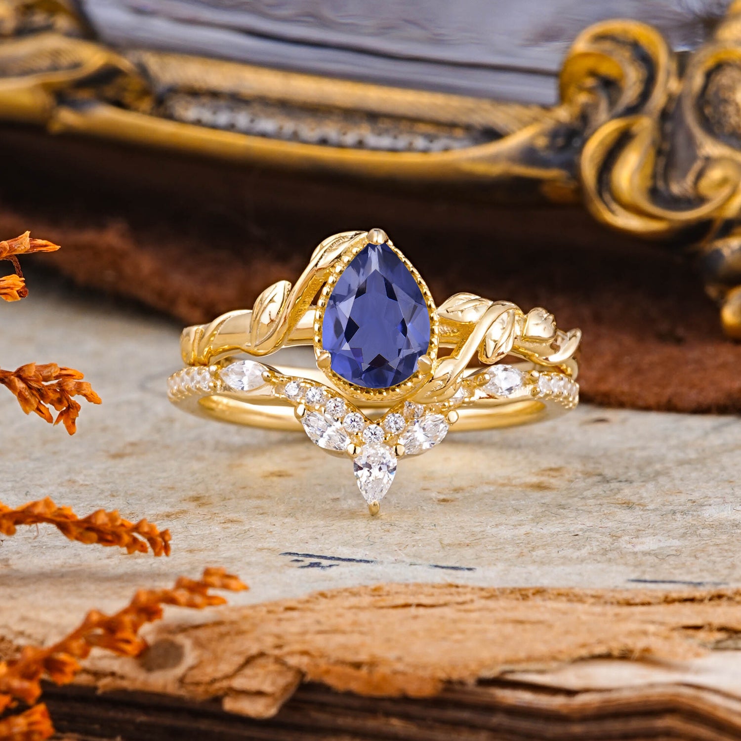 Nature-Inspired 3-Prong Oval-Cut Natural Tanzanite Bridal Ring Set With Vine Accents
