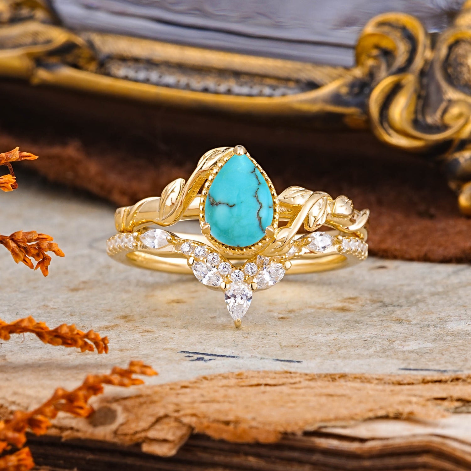 Nature-Inspired 3-Prong Oval-Cut Turquoise Bridal Ring Set with Vine Accents