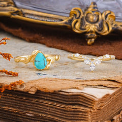 Nature-Inspired 3-Prong Oval-Cut Turquoise Engagement Ring Set with Vine Accents