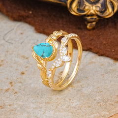 Nature-Inspired 3-Prong Oval-Cut Turquoise Engagement Ring Set with Vine Accents
