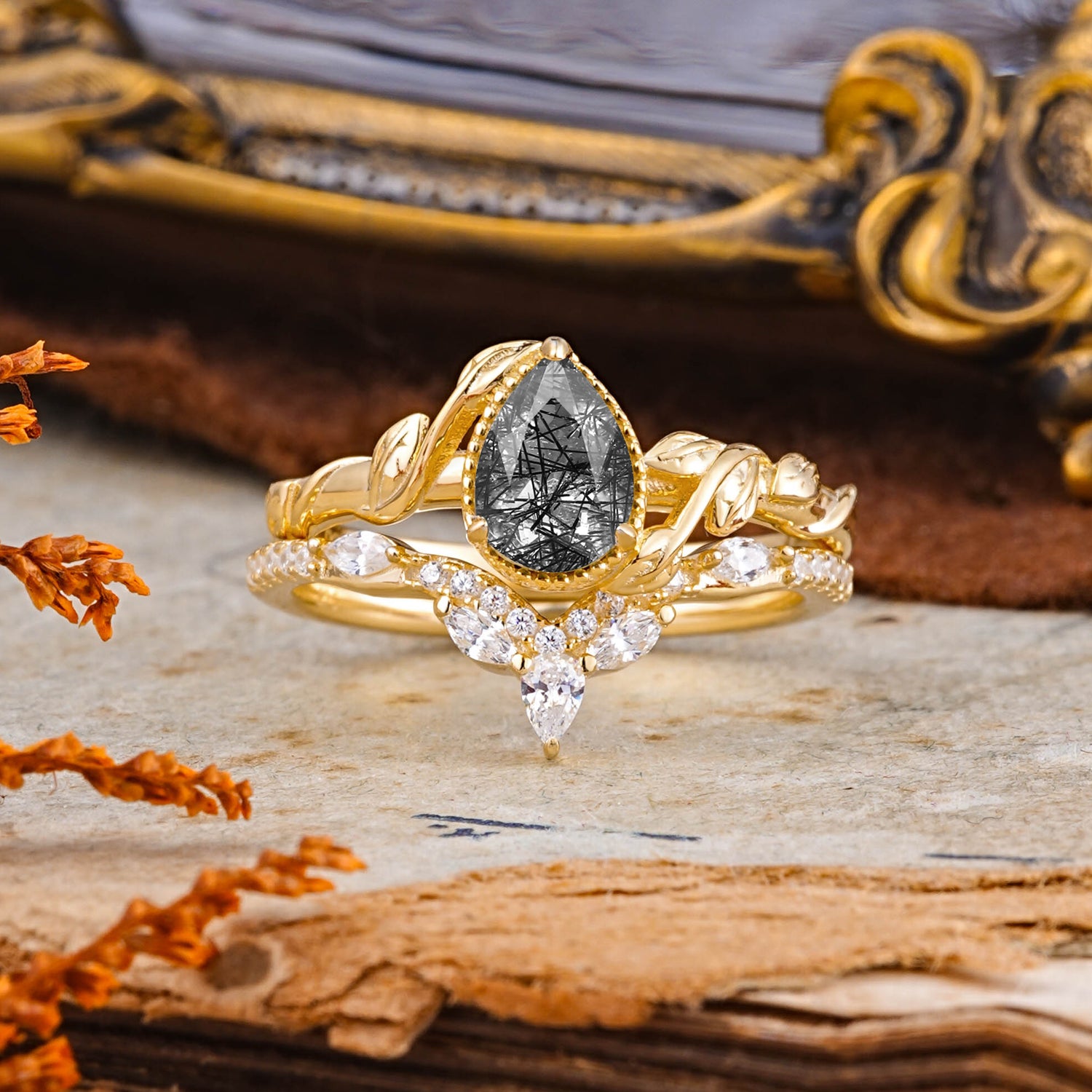 Nature-Inspired 3-Prong Oval-Cut Natural Black Rutilated Quartz Bridal Ring Set With Vine Accents