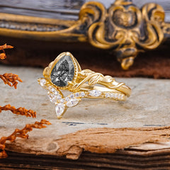 Nature-Inspired 3-Prong Oval-Cut Natural Black Rutilated Quartz Engagement Ring Set With Vine Accents