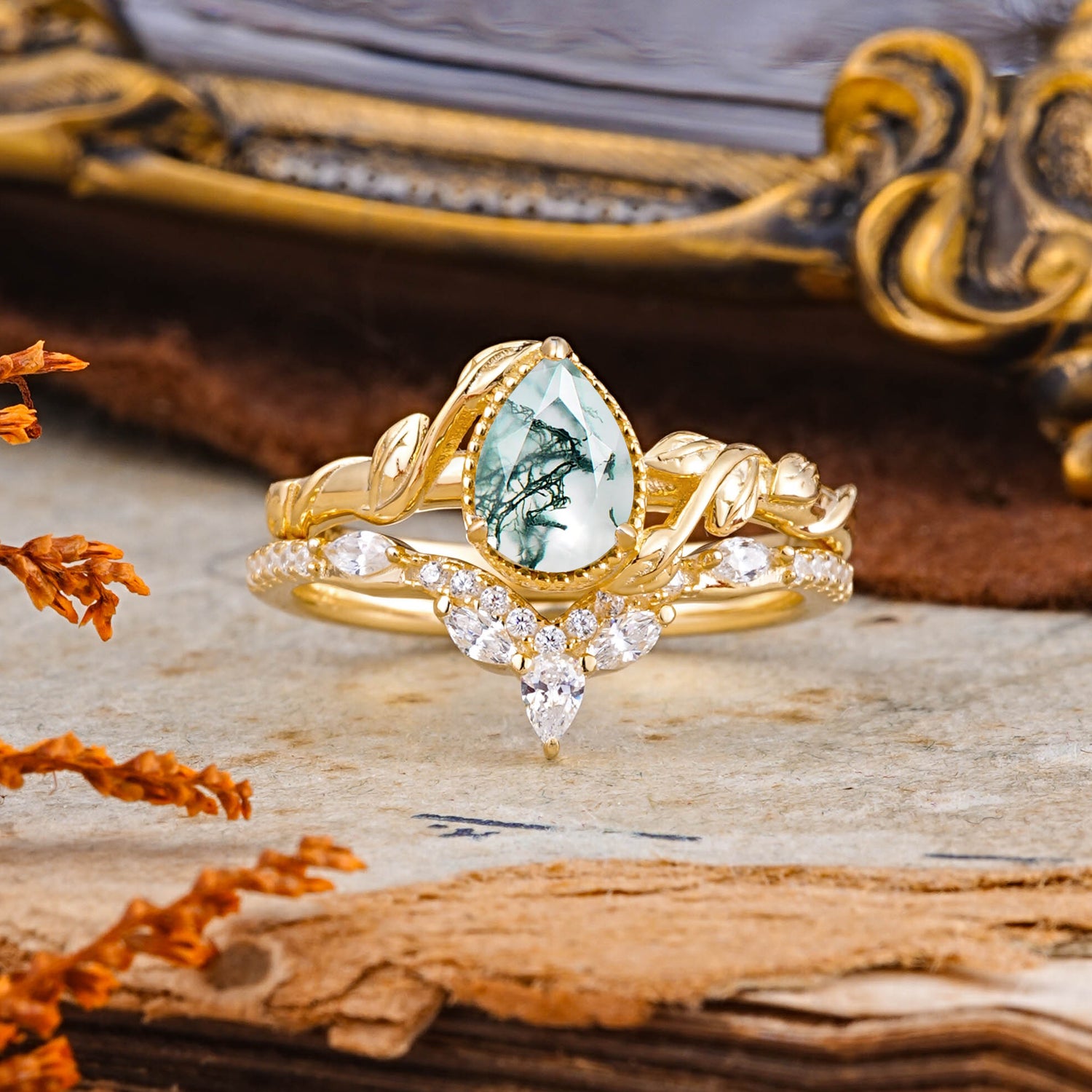 Nature-Inspired 3-Prong Oval-Cut Natural Moss Agate Bridal Ring Set with Vine Accents