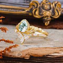 Nature-Inspired 3-Prong Oval-Cut Natural Moss Agate Engagement Ring Set with Vine Accents