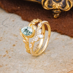 Nature-Inspired 3-Prong Oval-Cut Natural Moss Agate Engagement Ring Set with Vine Accents