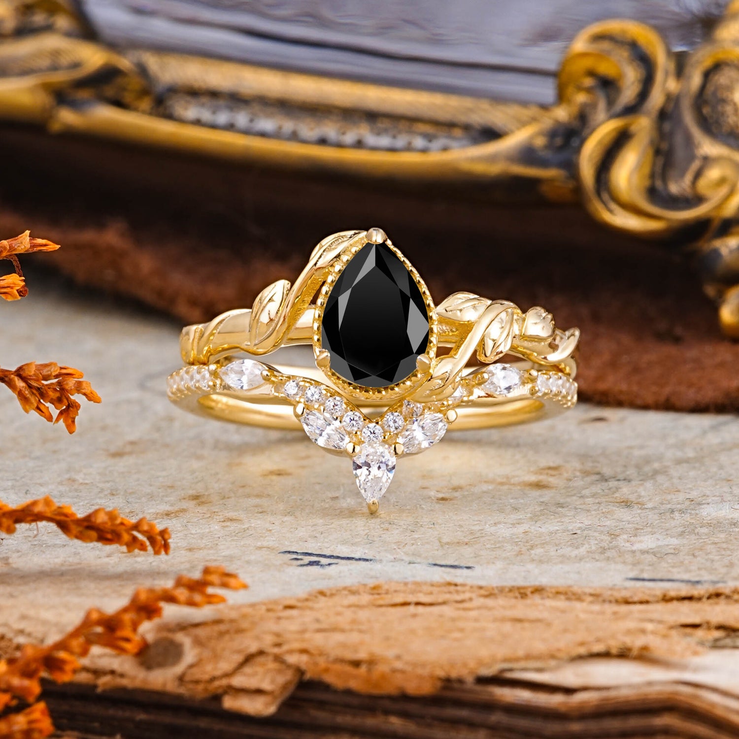 Nature-Inspired 3-Prong Oval-Cut Natural Black Onyx Bridal Ring Set With Vine Accents