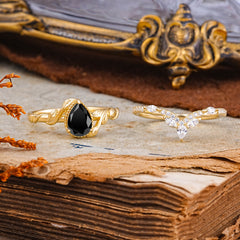 Nature-Inspired 3-Prong Oval-Cut Natural Black Onyx Engagement Ring Set With Vine Accents