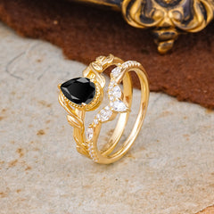 Nature-Inspired 3-Prong Oval-Cut Natural Black Onyx Engagement Ring Set With Vine Accents