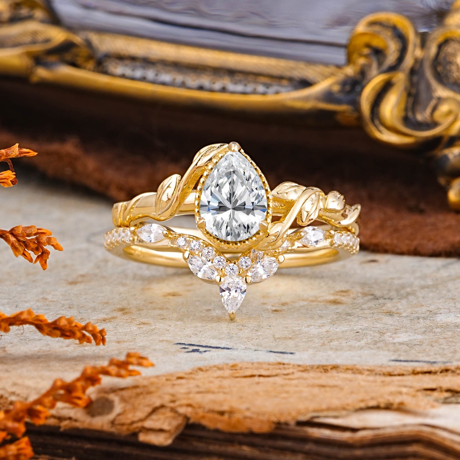 Nature-Inspired 3-Prong Oval-Cut Lab Diamond Bridal Ring Set with Vine Accents
