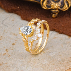 Nature-Inspired 3-Prong Oval-Cut Lab Diamond Engagement Ring Set with Vine Accents