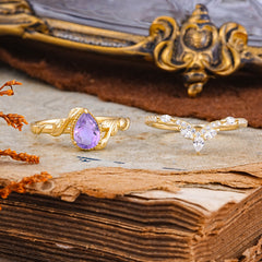 Nature-Inspired 3-Prong Oval-Cut Natural Amethyst Engagement Ring Set with Vine Accents