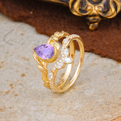 Nature-Inspired 3-Prong Oval-Cut Natural Amethyst Engagement Ring Set with Vine Accents