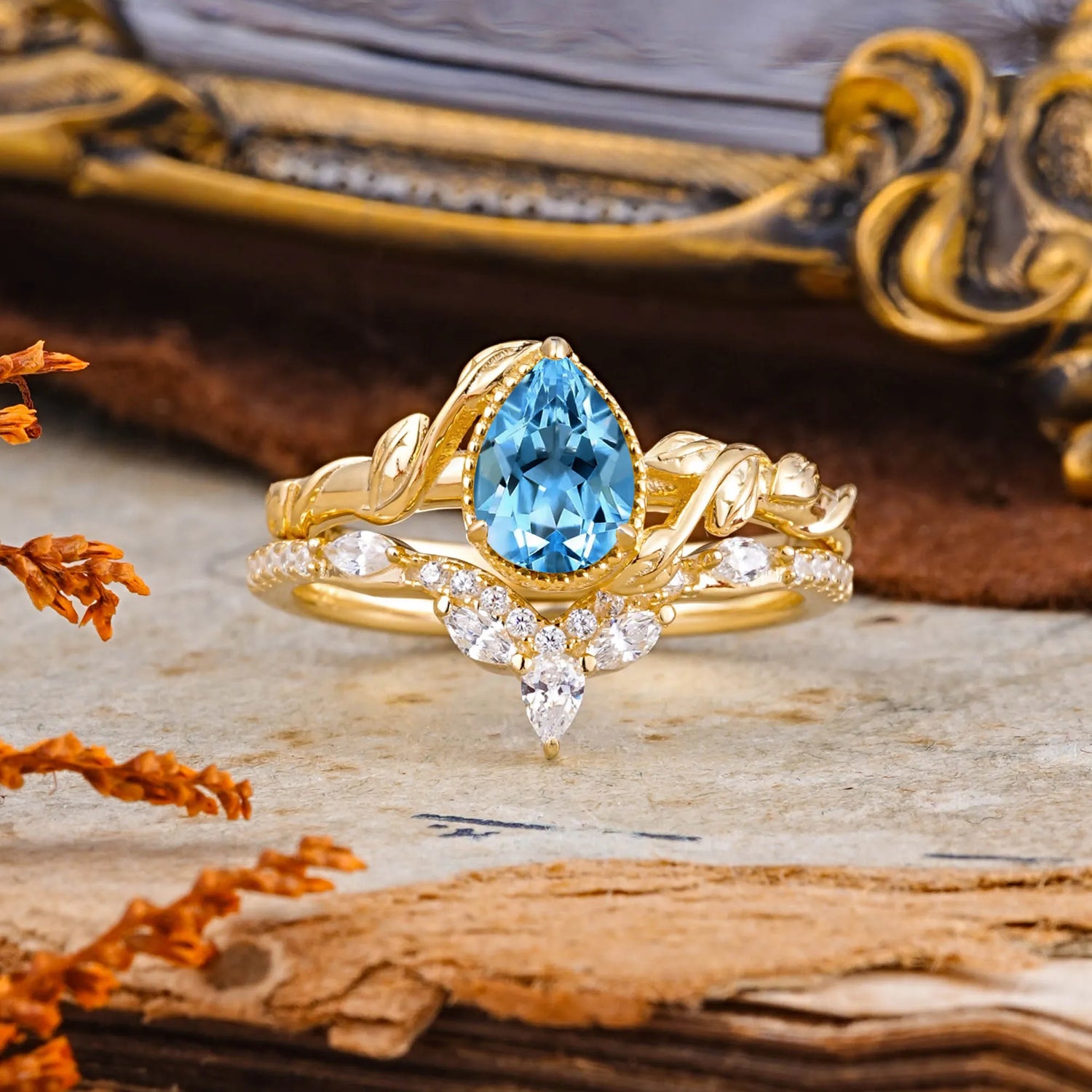 Nature-Inspired 3-Prong Pear-Cut Aquamarine Bridal Ring Set with Vine Accents