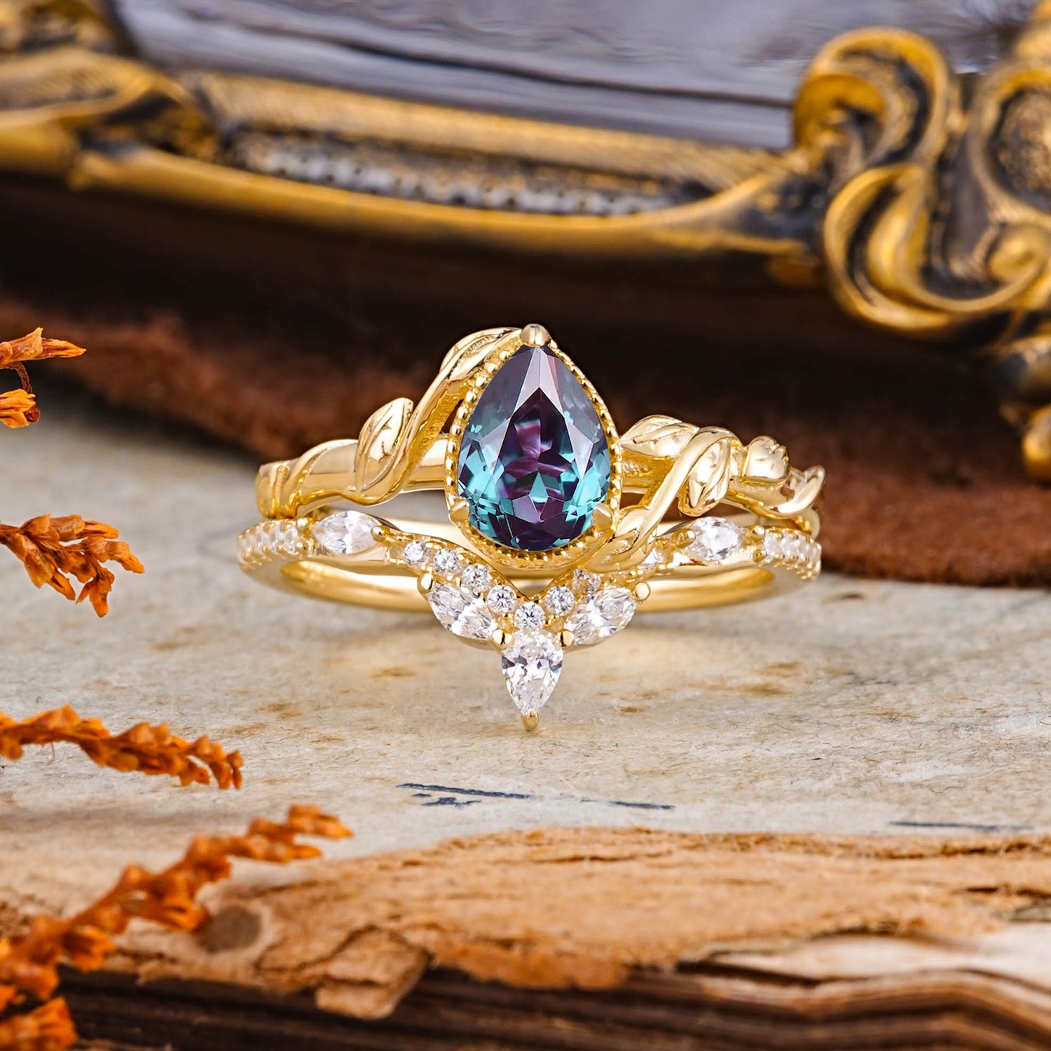 Nature-Inspired 3-Prong Oval-Cut Alexandrite Bridal Ring Set with Vine Accents