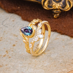 Nature-Inspired 3-Prong Oval-Cut Alexandrite Engagement Ring Set with Vine Accents
