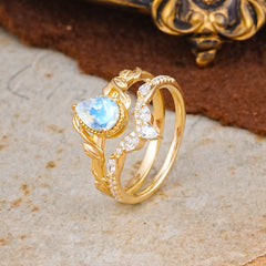 Nature-Inspired 3-Prong Oval-Cut Natural Moonstone Engagement Ring Set with Vine Accents