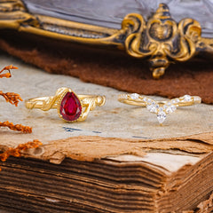 Nature-Inspired 3-Prong Oval-Cut Ruby Engagement Ring Set with Vine Accents