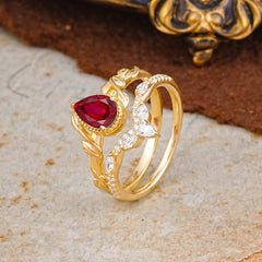 Nature-Inspired 3-Prong Oval-Cut Ruby Engagement Ring Set with Vine Accents