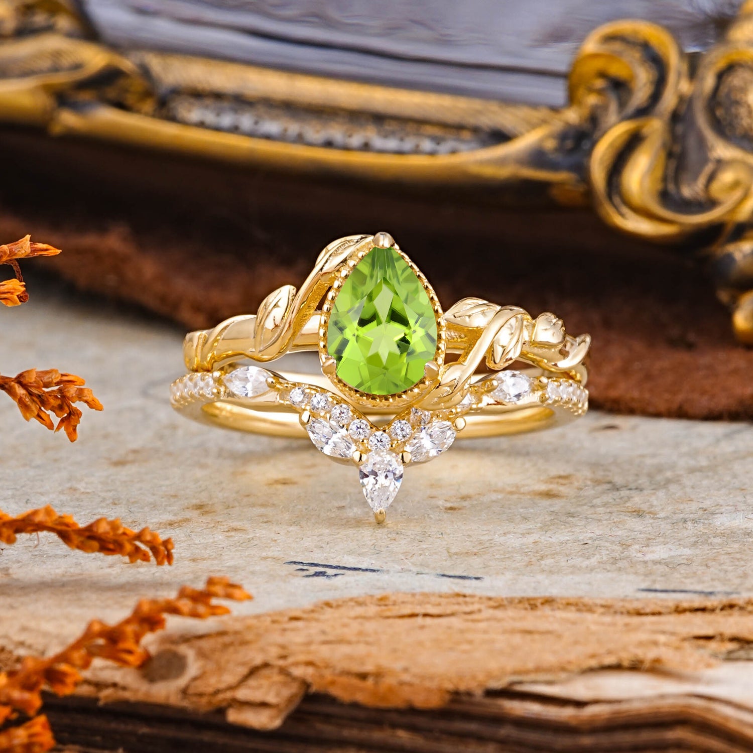 Nature-Inspired 3-Prong Oval-Cut Natural Peridot Bridal Ring Set with Vine Accents