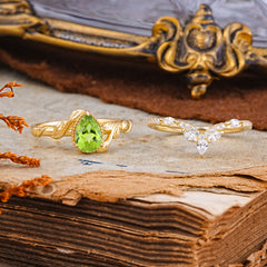 Nature-Inspired 3-Prong Oval-Cut Natural Peridot Engagement Ring Set with Vine Accents