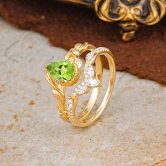 Nature-Inspired 3-Prong Oval-Cut Natural Peridot Engagement Ring Set with Vine Accents