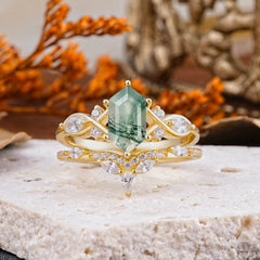 The Graceful Hexagon - Cut 6 Prong Natural Moss Agate Engagement Ring