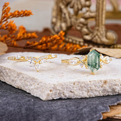 The Graceful Hexagon - Cut 6 Prong Natural Moss Agate Engagement Ring