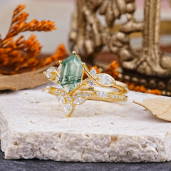 The Graceful Hexagon - Cut 6 Prong Natural Moss Agate Engagement Ring