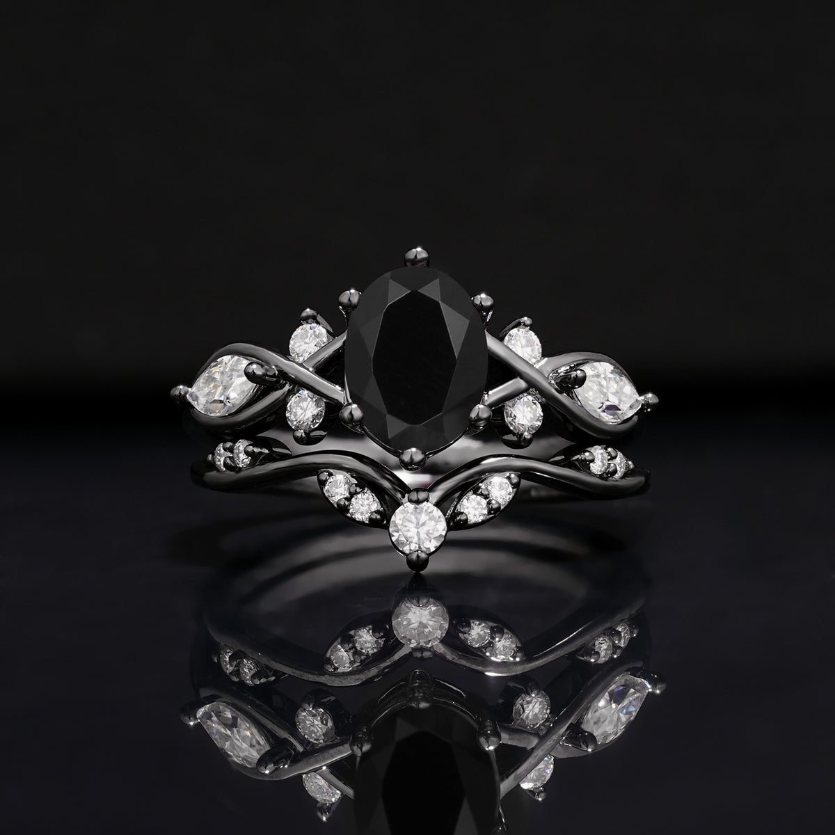 Dark Romantic Oval Vine Chevron Engagement Ring Set