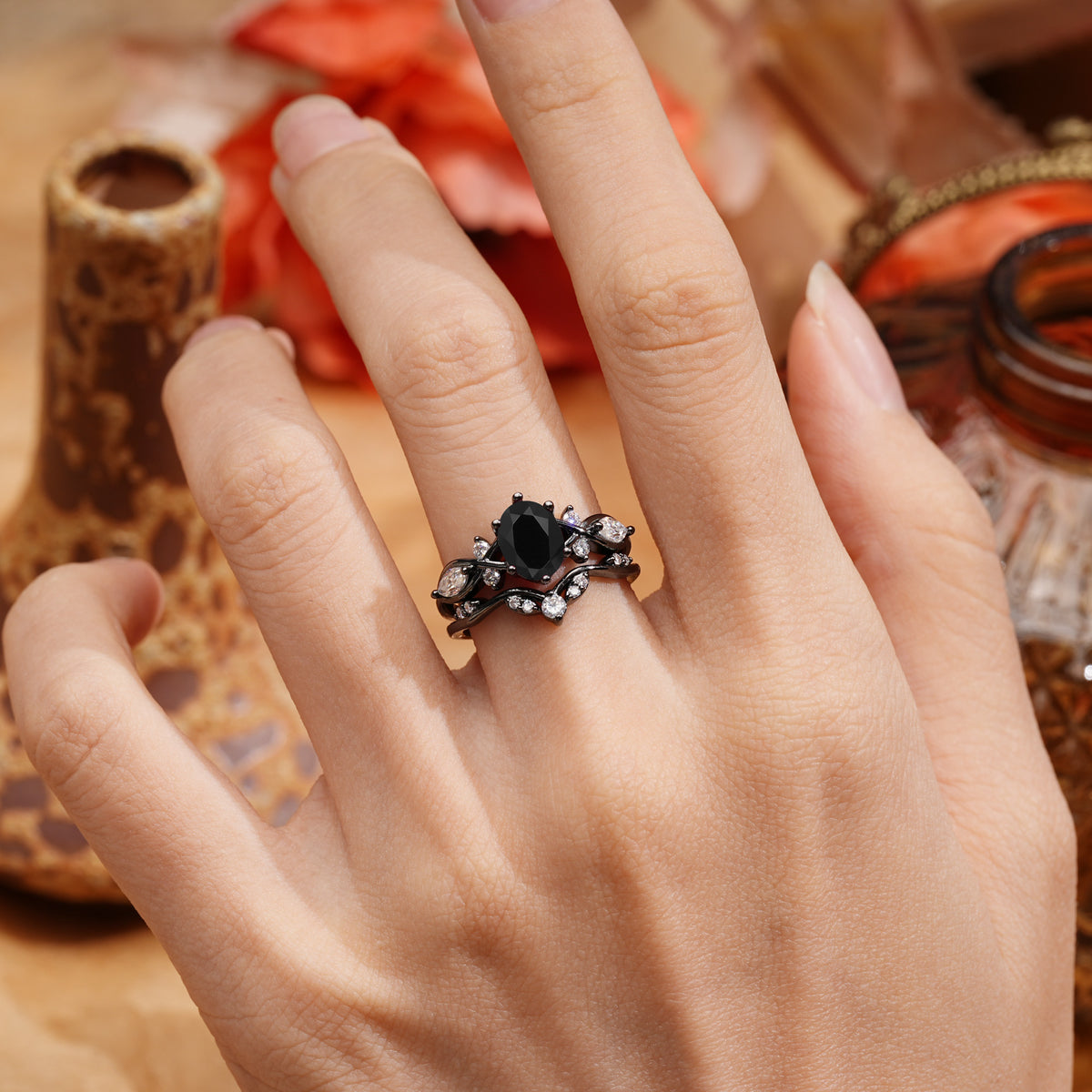 Dark Romantic Oval Vine Chevron Engagement Ring Set