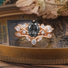 Luxury Oval Cut Black Rutilated Quartz Engagement Ring