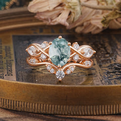 Luxury Oval Cut Moss Agate Engagement Ring