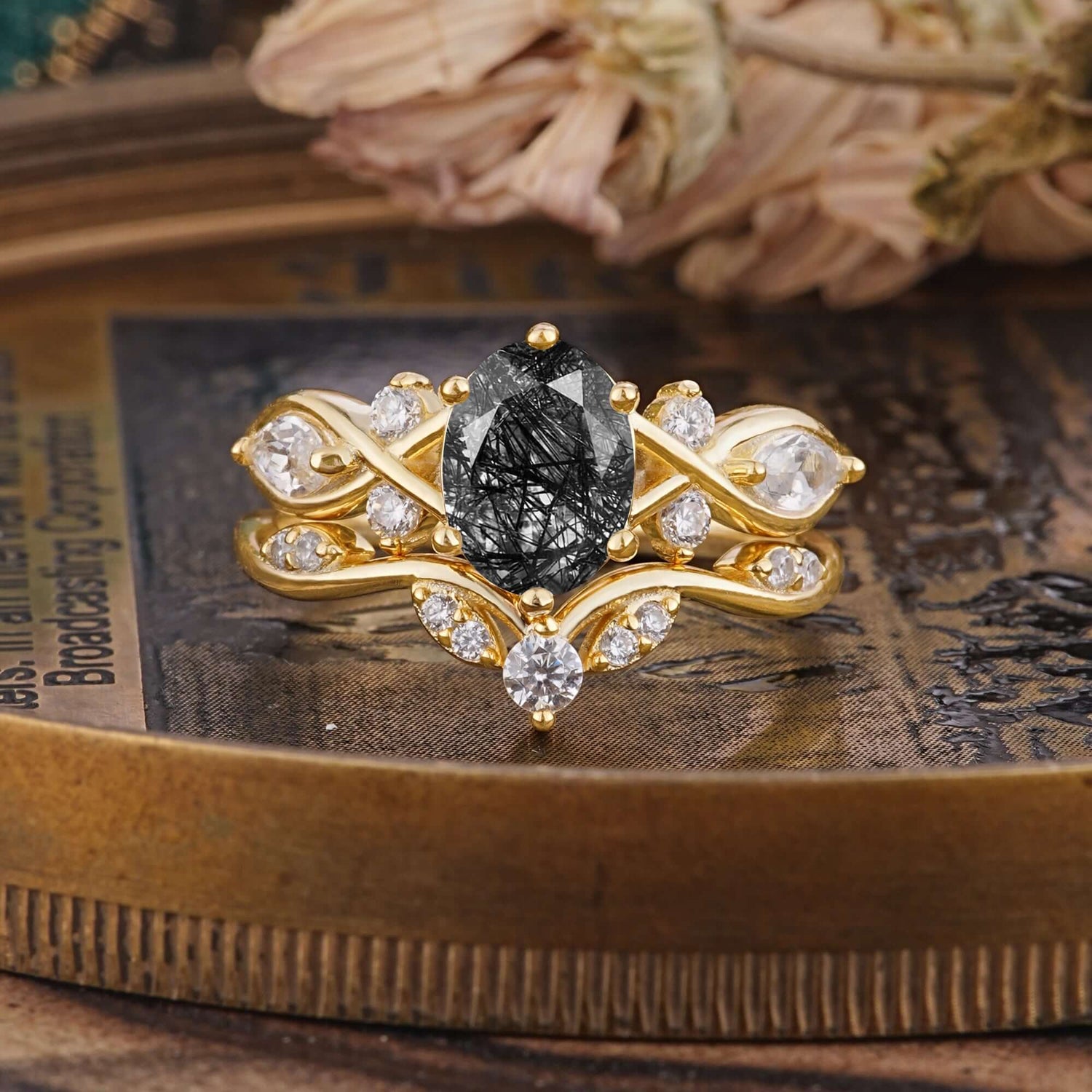 Luxury Oval Cut Black Rutilated Quartz Bridal Ring Set