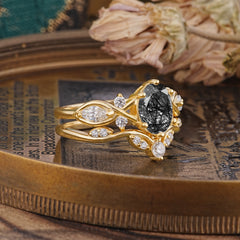 Luxury Oval Cut Black Rutilated Quartz Engagement Ring