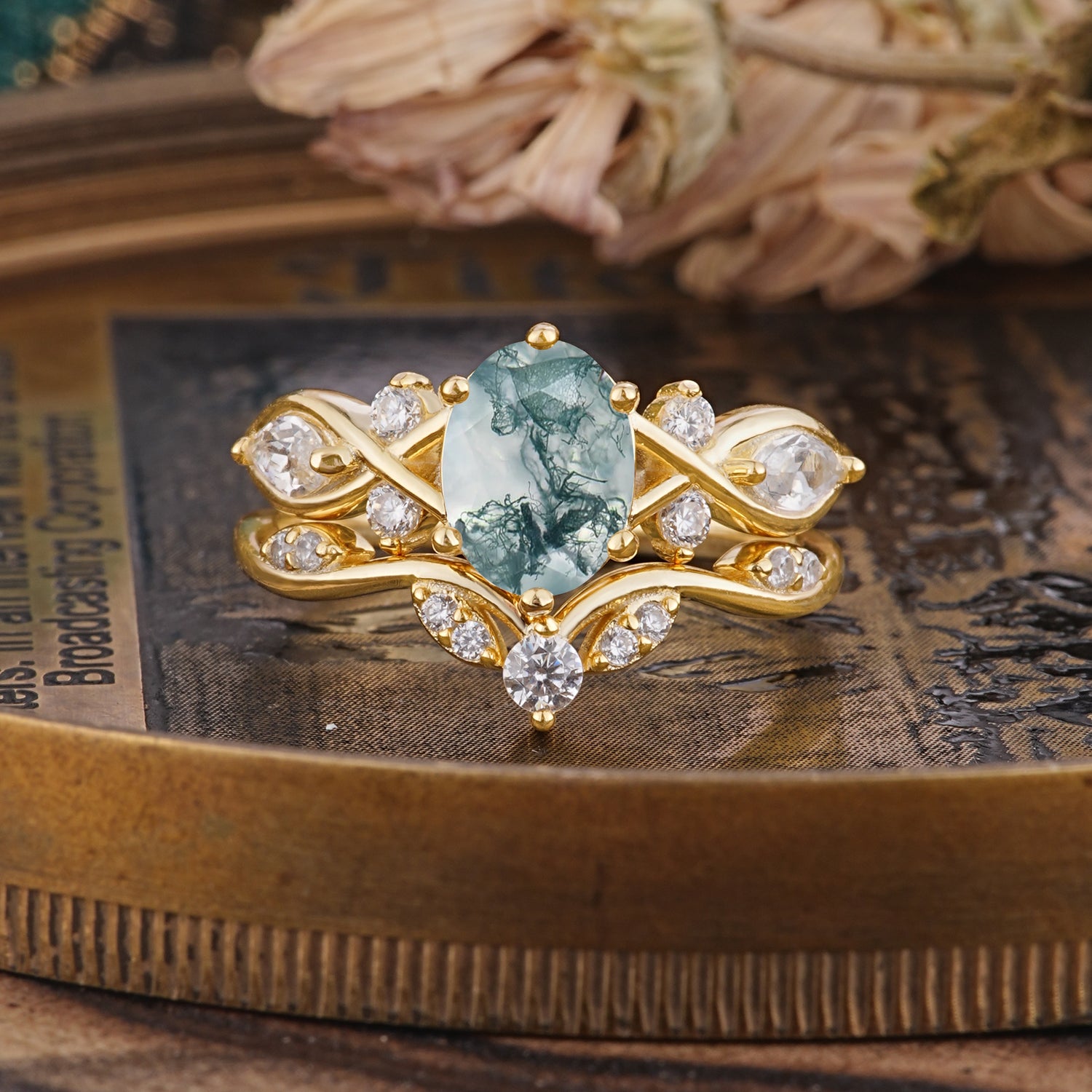 Luxury Oval Cut Moss Agate Bridal Ring Set